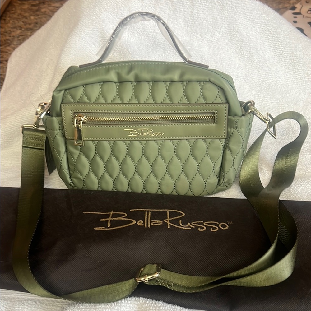 Bella Russo Quilted 8.7x11 Cross Body Bag Sage Green NWT Storage Bag Included.